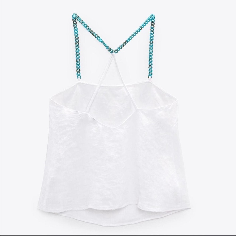 ZARA Turquoise blue chain white linen top